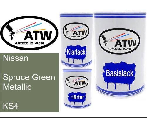 Nissan, Spruce Green Metallic, KS4: 500ml Lackdose + 500ml Klarlack + 250ml Härter - Set, von ATW Autoteile West.